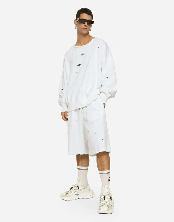 Dolce and Gabbana Trousers And Shorts Men Destroyed Jogging Shorts With DG Hardware White Dolce and Gabbana Trousers And Shorts Men Destroyed Jogging Shorts With DG Hardware White