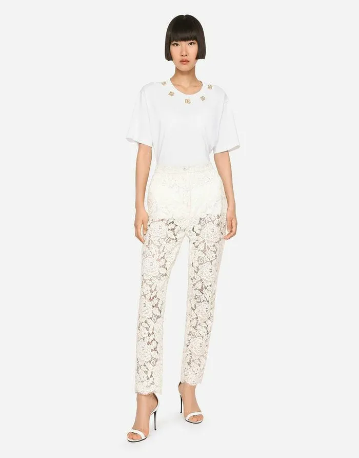 Dolce and Gabbana Trousers And Shorts Women Branded Stretch Lace Pants White Dolce and Gabbana Trousers And Shorts Women Branded Stretch Lace Pants White