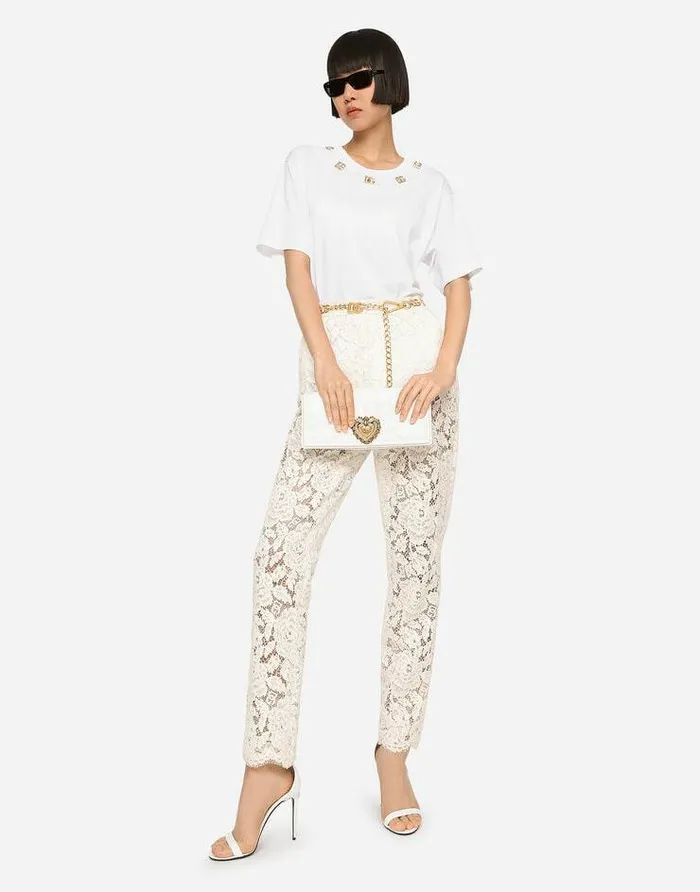 Dolce and Gabbana Trousers And Shorts Women Branded Stretch Lace Pants White Dolce and Gabbana Trousers And Shorts Women Branded Stretch Lace Pants White