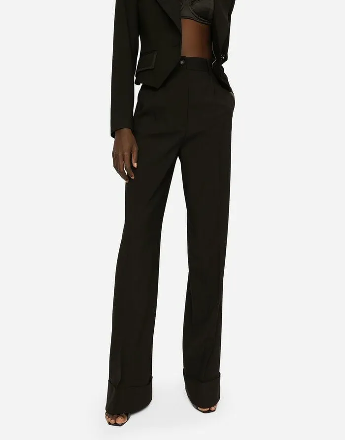 Dolce and Gabbana Trousers And Shorts Women Woolen Palazzo Pants With Turnups Black Dolce and Gabbana Trousers And Shorts Women Woolen Palazzo Pants With Turnups Black