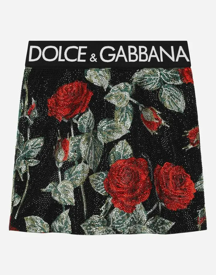 Dolce and Gabbana Trousers And Skirts Children Charmeuse Miniskirt With Branded Elastic And Rose Print Multicolor Dolce and Gabbana Trousers And Skirts Children Charmeuse Miniskirt With Branded Elastic And Rose Print Multicolor