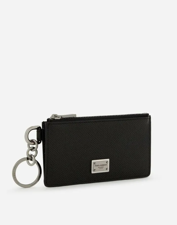 Dolce and Gabbana Wallets And Small Leather Goods Men Calfskin Card Holder With Ring And Logo Tag Black
