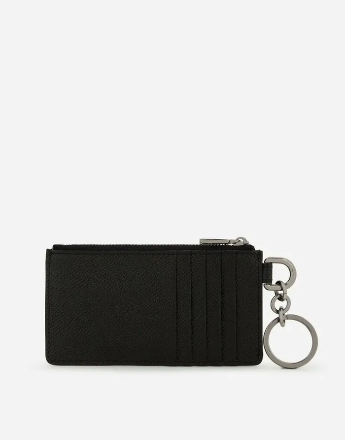 Dolce and Gabbana Wallets And Small Leather Goods Men Calfskin Card Holder With Ring And Logo Tag Black