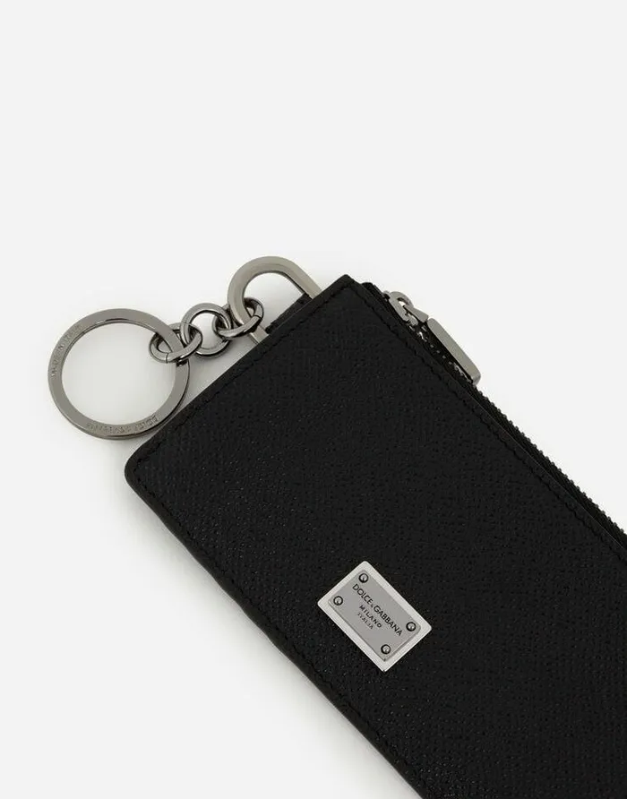 Dolce and Gabbana Wallets And Small Leather Goods Men Calfskin Card Holder With Ring And Logo Tag Black
