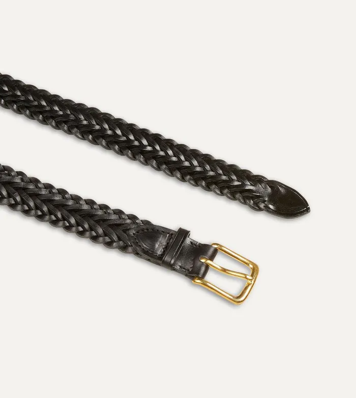 Drake039s Black Plaited Bridle Leather Belt With Brass Buckle 8211 Accessories