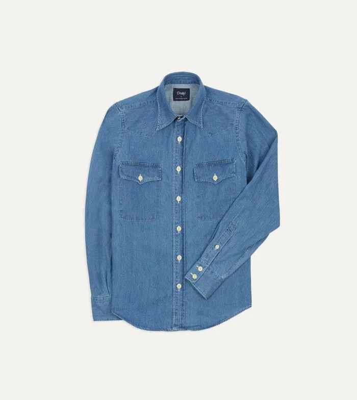 Drake039s Stone Wash Denim TwoPocket Western Shirt 8211 Clothing