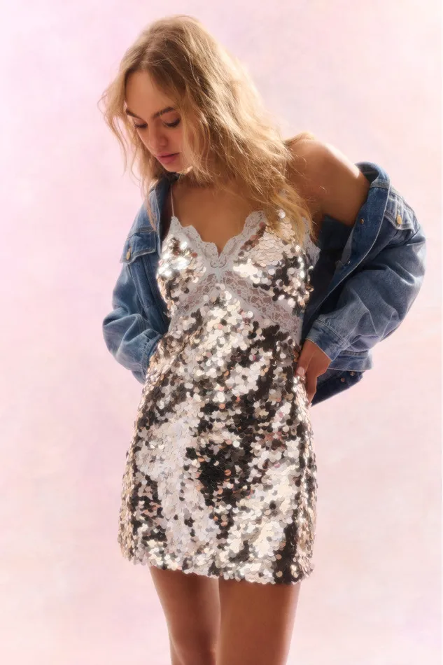 Dresses Women LoveShackFancy Finta Sequin Mini Dress Silver