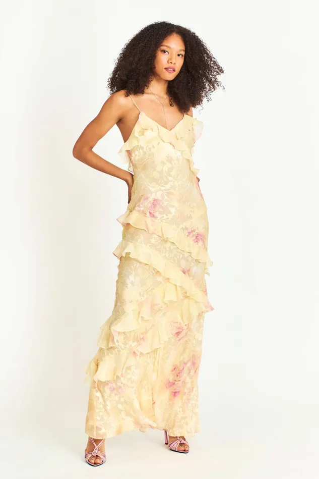 Dresses Women LoveShackFancy Rialto Floral Chiffon Maxi Dress Yellow Melon