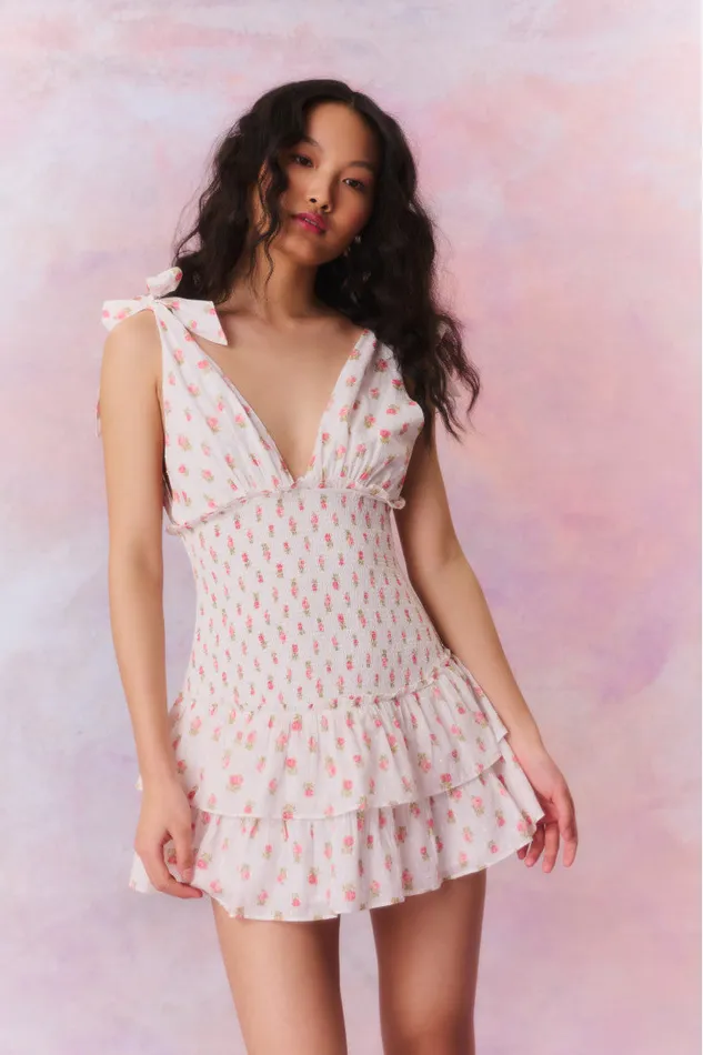 Dresses Women LoveShackFancy Rossi Cotton Floral Smocked Mini Dress Cerise Pink