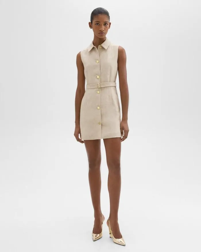 Dresses Women Theory Belted Military Dress In Basket Weave Linen Straw