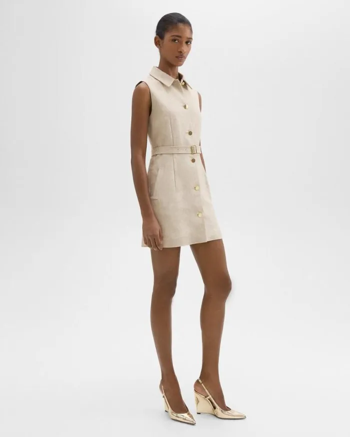 Dresses Women Theory Belted Military Dress In Basket Weave Linen Straw Dresses Women Theory Belted Military Dress In Basket Weave Linen Straw
