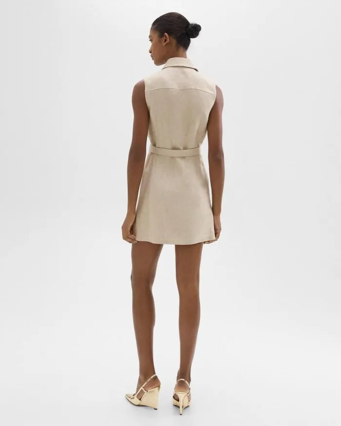 Dresses Women Theory Belted Military Dress In Basket Weave Linen Straw Dresses Women Theory Belted Military Dress In Basket Weave Linen Straw