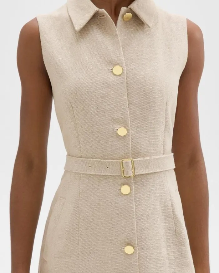 Dresses Women Theory Belted Military Dress In Basket Weave Linen Straw Dresses Women Theory Belted Military Dress In Basket Weave Linen Straw