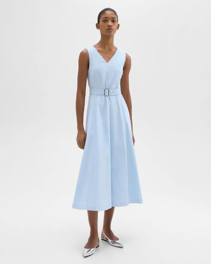Dresses Women Theory VNeck Volume Dress In Good Linen Skylight