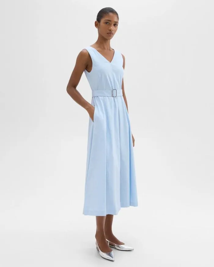 Dresses Women Theory VNeck Volume Dress In Good Linen Skylight