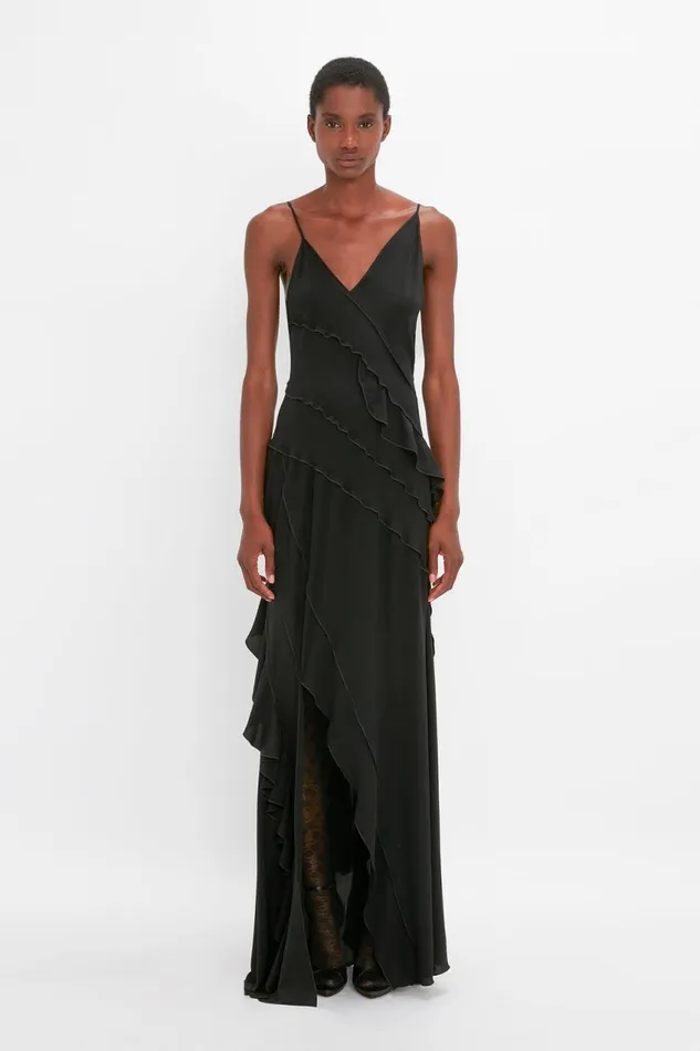 Dresses Women Victoria Beckham Exclusive Asymmetric Bias Frill Dress In Black Dresses Women Victoria Beckham Exclusive Asymmetric Bias Frill Dress In Black