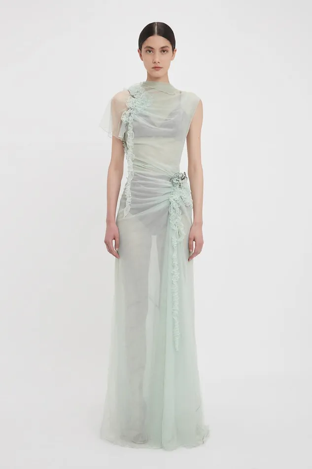 Dresses Women Victoria Beckham Gathered Tulle Detail FloorLength Dress In Jade Dresses Women Victoria Beckham Gathered Tulle Detail FloorLength Dress In Jade