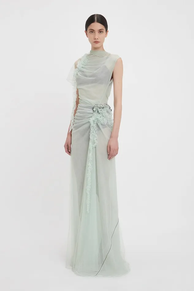 Dresses Women Victoria Beckham Gathered Tulle Detail FloorLength Dress In Jade Dresses Women Victoria Beckham Gathered Tulle Detail FloorLength Dress In Jade