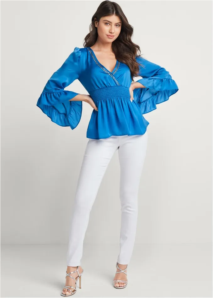 EMBELLISHED SMOCKED BLOUSE French Blue Women VENUS Night Out Tops