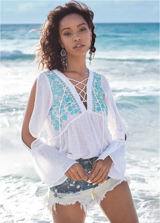 EMBROIDERED SWISS DOT TOP White and Turquoise Women VENUS Night Out Tops