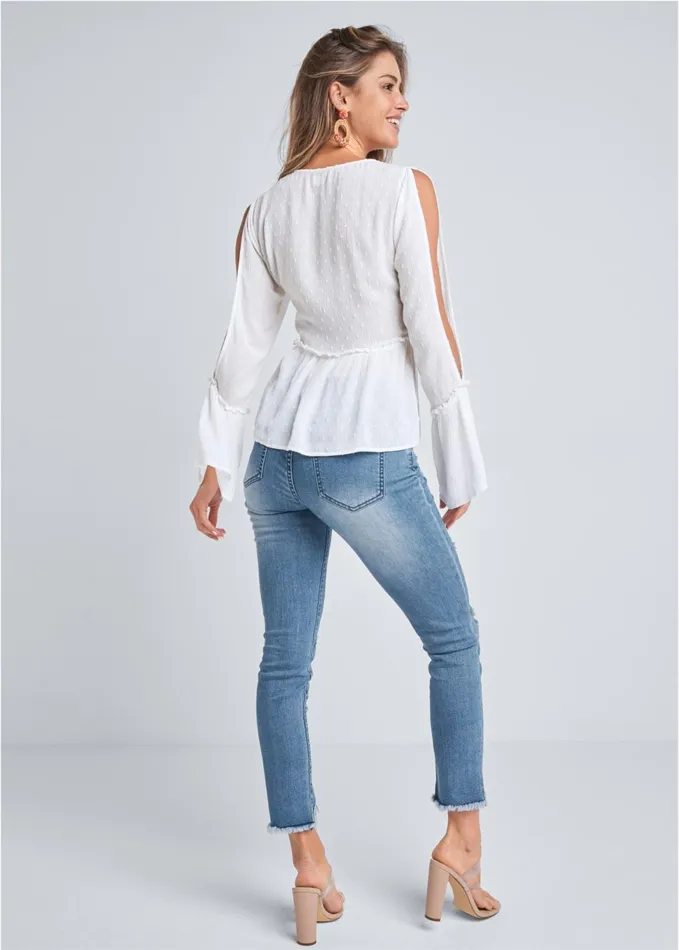 EMBROIDERED SWISS DOT TOP White and Turquoise Women VENUS Night Out Tops