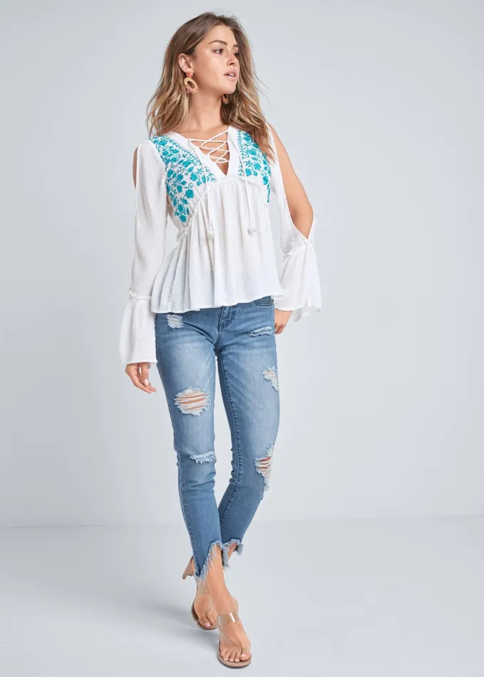 EMBROIDERED SWISS DOT TOP White and Turquoise Women VENUS Night Out Tops