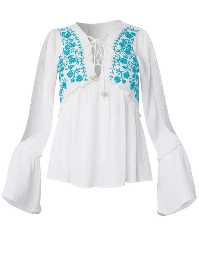 EMBROIDERED SWISS DOT TOP White and Turquoise Women VENUS Night Out Tops