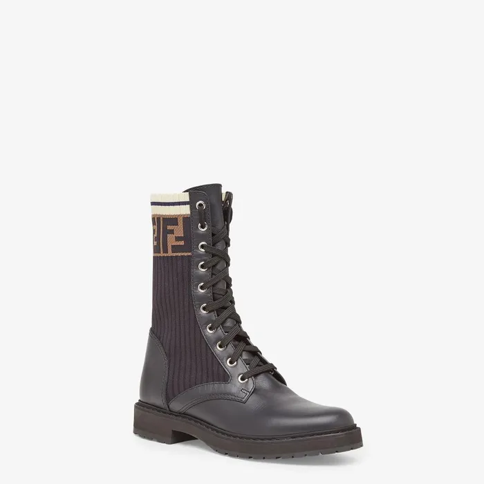 Fendi Boots and Ankle Boots Rockoko Black Leather Biker Boots With Stretch Fabric 8211 Women