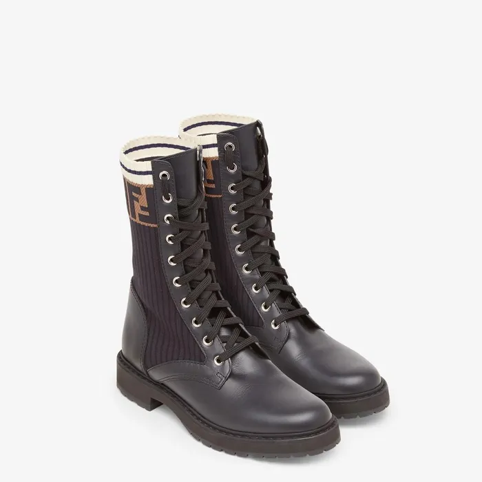 Fendi Boots and Ankle Boots Rockoko Black Leather Biker Boots With Stretch Fabric 8211 Women