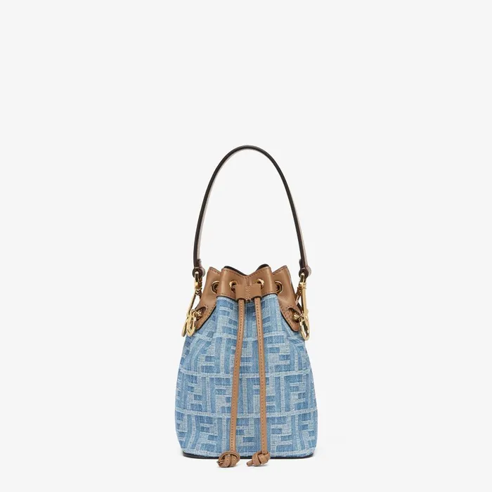 Fendi Bucket Bags Mon Tresor Light Blue FF Denim Fabric Mini Bag 8211 Women