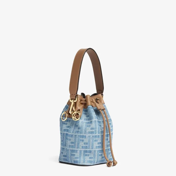 Fendi Bucket Bags Mon Tresor Light Blue FF Denim Fabric Mini Bag 8211 Women