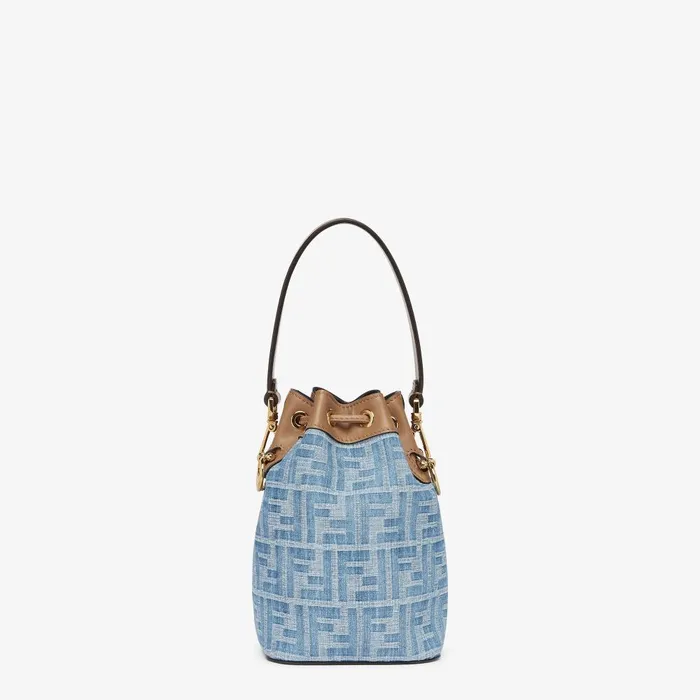 Fendi Bucket Bags Mon Tresor Light Blue FF Denim Fabric Mini Bag 8211 Women