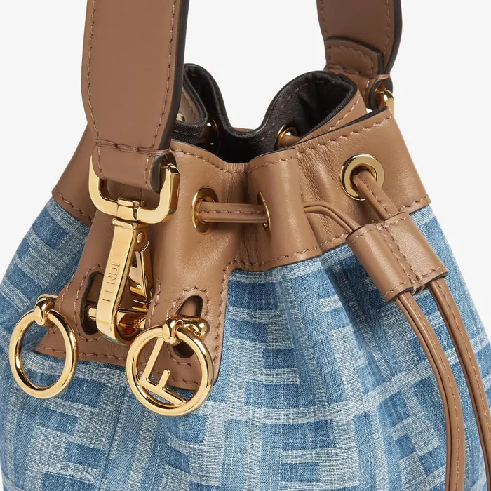 Fendi Bucket Bags Mon Tresor Light Blue FF Denim Fabric Mini Bag 8211 Women