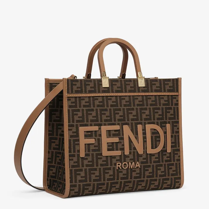 Fendi Tote Bags Fendi Sunshine Medium Brown FF Jacquard Fabric Shopper 8211 Women