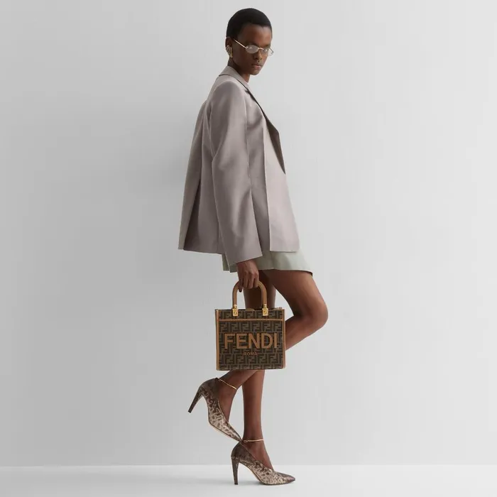Fendi Tote Bags Fendi Sunshine Small Brown FF Jacquard Fabric Bag 8211 Women