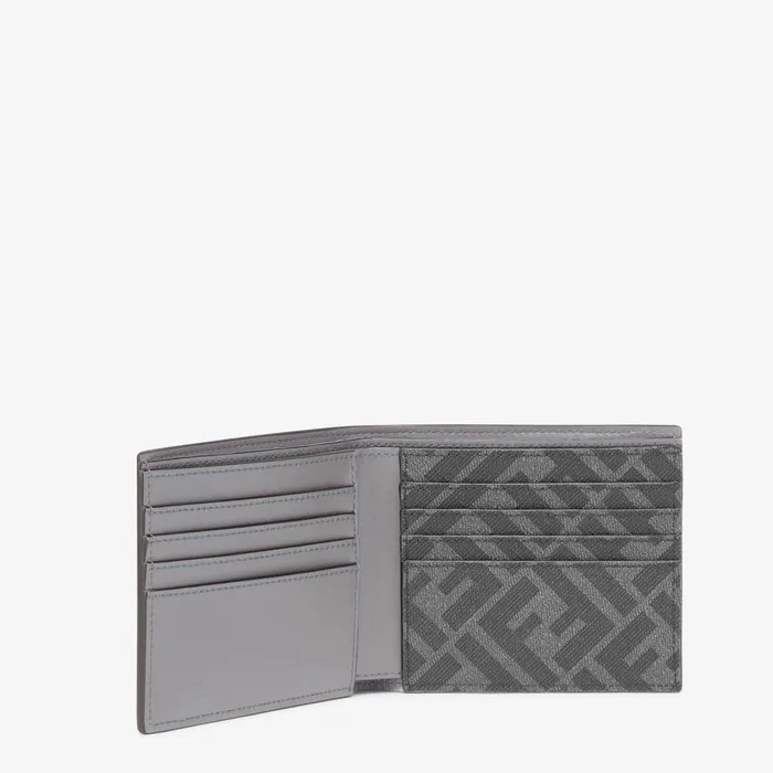 Fendi Wallets FF Bifold Wallet Gray Leather And Black FF Canvas Compact Bifold Wallet 8211 Men