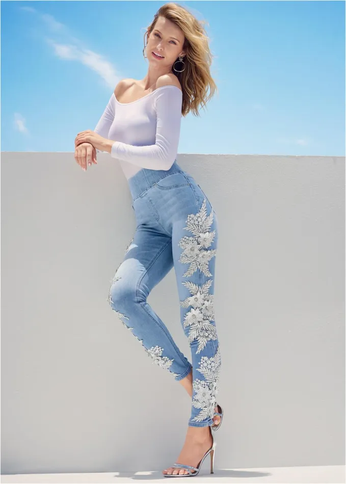 Floral Embellished Jeggings Light Wash Women VENUS Novelty Jeans