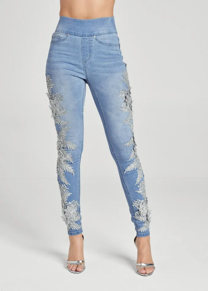 Floral Embellished Jeggings Light Wash Women VENUS Novelty Jeans