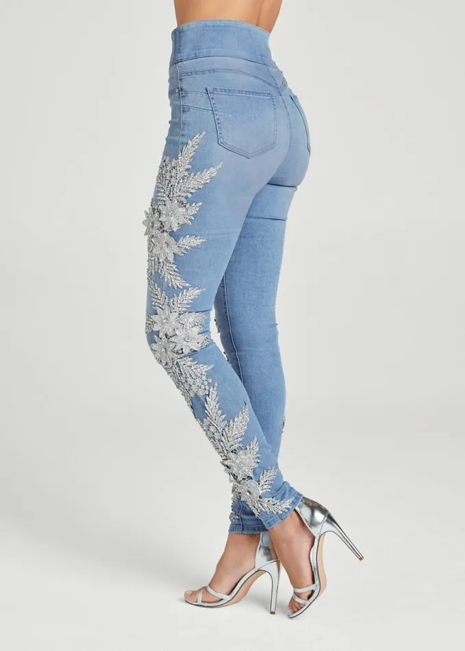 Floral Embellished Jeggings Light Wash Women VENUS Novelty Jeans