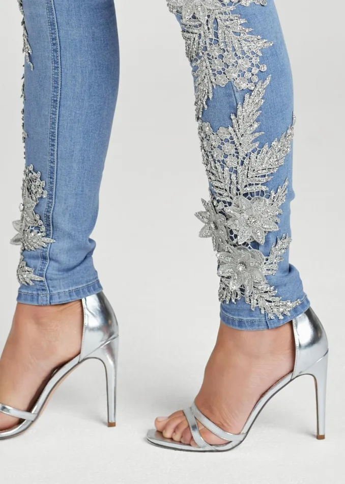 Floral Embellished Jeggings Light Wash Women VENUS Novelty Jeans