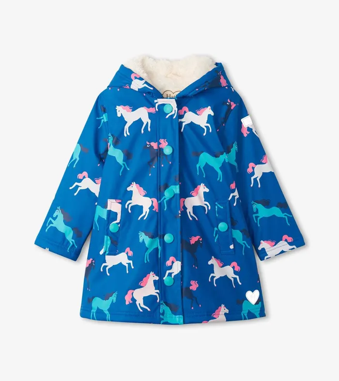 Girls Prancing Horses Colour Changing Sherpa Lined ButtonUp Rain Jacket Hatley Girls Prancing Horses Colour Changing Sherpa Lined ButtonUp Rain Jacket Hatley