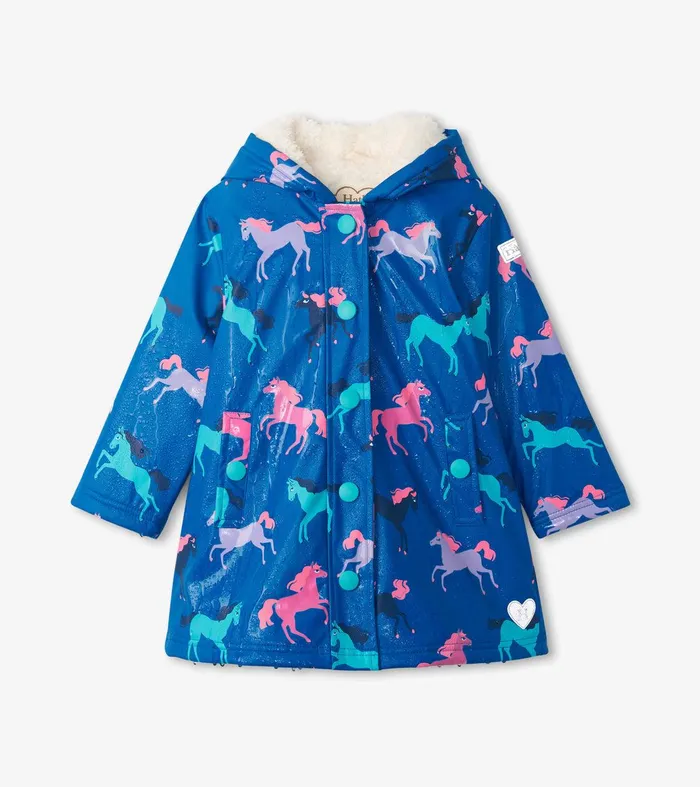 Girls Prancing Horses Colour Changing Sherpa Lined ButtonUp Rain Jacket Hatley