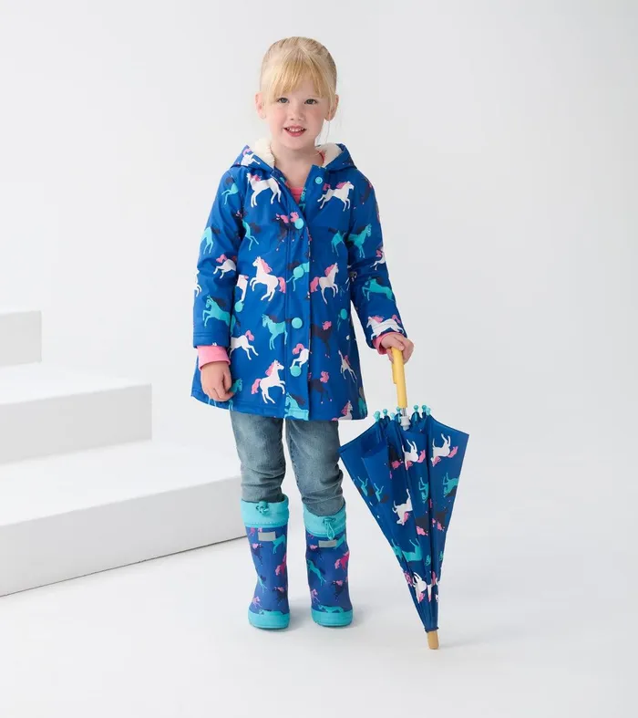 Girls Prancing Horses Colour Changing Sherpa Lined ButtonUp Rain Jacket Hatley