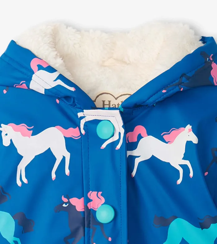 Girls Prancing Horses Colour Changing Sherpa Lined ButtonUp Rain Jacket Hatley