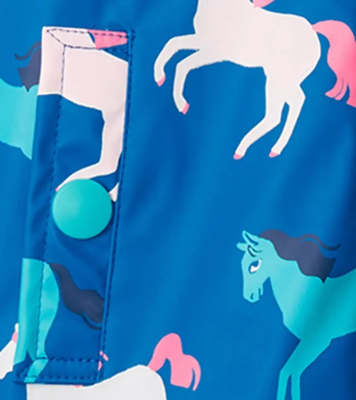 Girls Prancing Horses Colour Changing Sherpa Lined ButtonUp Rain Jacket Hatley