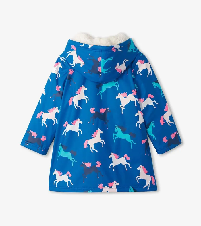 Girls Prancing Horses Colour Changing Sherpa Lined ButtonUp Rain Jacket Hatley