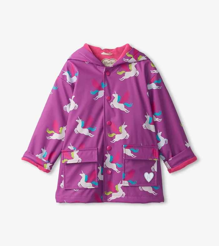 Girls Pretty Unicorn Colour Changing ButtonUp Rain Jacket Hatley