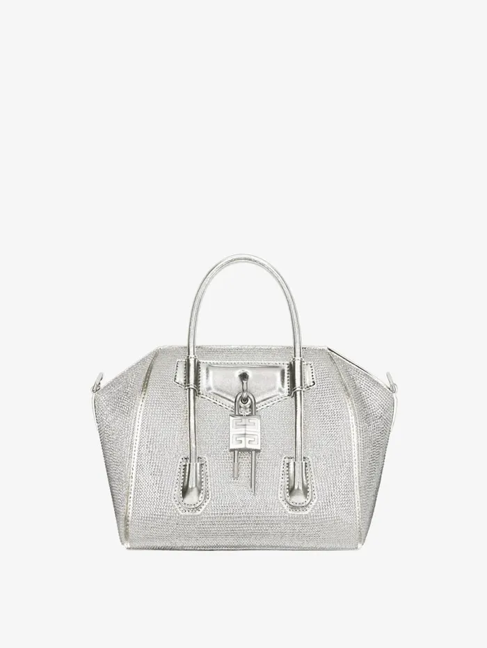 Givenchy Mini Antigona Lock Bag In Satin Strass And Leather Silvery Grey Women Crossbody Bags