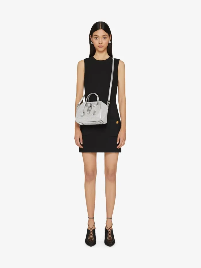 Givenchy Mini Antigona Lock Bag In Satin Strass And Leather Silvery Grey Women Crossbody Bags Givenchy Mini Antigona Lock Bag In Satin Strass And Leather Silvery Grey Women Crossbody Bags