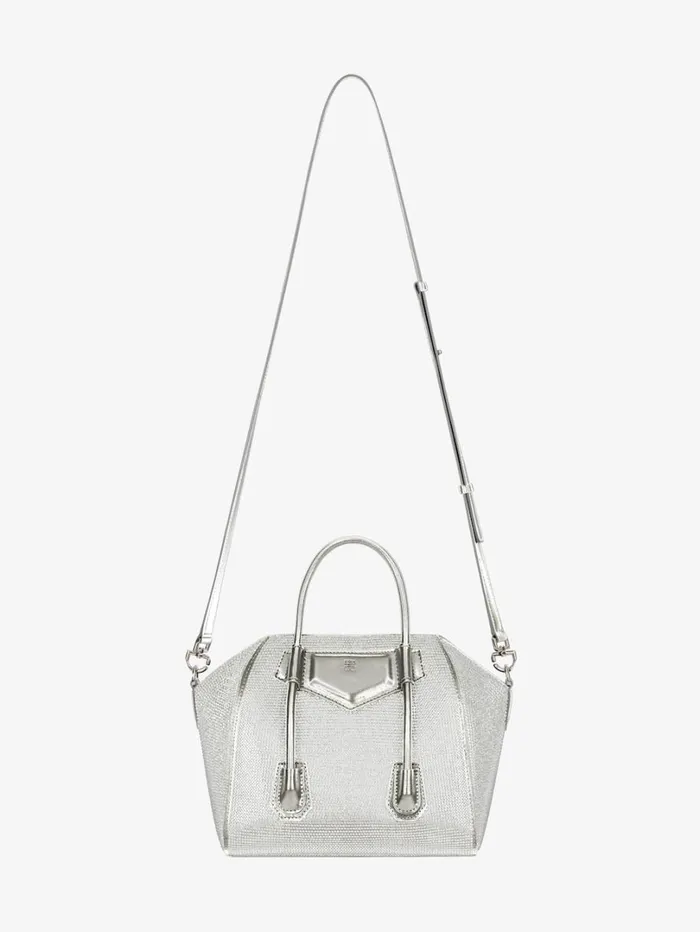 Givenchy Mini Antigona Lock Bag In Satin Strass And Leather Silvery Grey Women Crossbody Bags Givenchy Mini Antigona Lock Bag In Satin Strass And Leather Silvery Grey Women Crossbody Bags